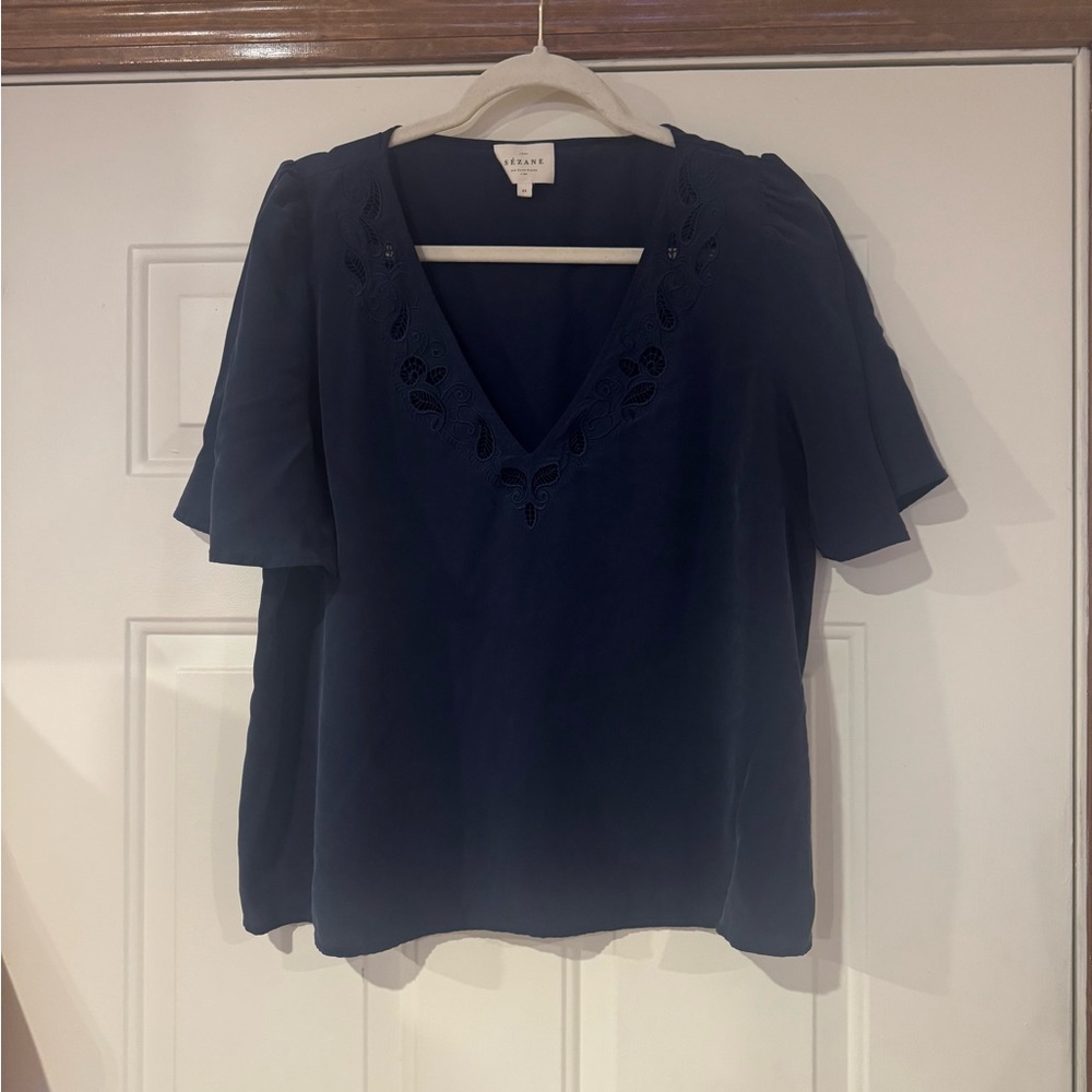 Sezane Navy Embroidered V-Neck Blouse- 100% Silk